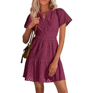 imagePRETTYGARDEN Womens 2025 Summer Short Dress V Neck Short Sleeve A Line Hollow Out Lace Ruffle Cute Casual Beach Party DressesWine Red