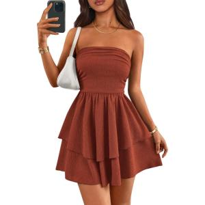 imagePRETTYGARDEN Womens 2025 Summer Strapless Tube Mini Dress Off Shoulder Smocked Ruffle A Line Flowy Short Party Club DressesBrick Red