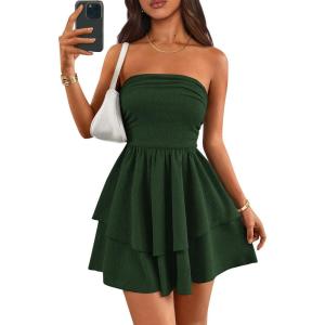 imagePRETTYGARDEN Womens 2025 Summer Strapless Tube Mini Dress Off Shoulder Smocked Ruffle A Line Flowy Short Party Club DressesDark Green