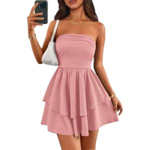 imagePRETTYGARDEN Womens 2025 Summer Strapless Tube Mini Dress Off Shoulder Smocked Ruffle A Line Flowy Short Party Club DressesPink