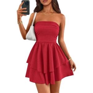 imagePRETTYGARDEN Womens 2025 Summer Strapless Tube Mini Dress Off Shoulder Smocked Ruffle A Line Flowy Short Party Club DressesRed