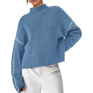 imagePRETTYGARDEN Womens Chunky Knit Sweaters 2025 Fall Long Sleeve Mock Neck Oversized Pullover Tops Winter Fashion ClothesBlue