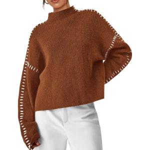 imagePRETTYGARDEN Womens Chunky Knit Sweaters 2025 Fall Long Sleeve Mock Neck Oversized Pullover Tops Winter Fashion ClothesCaramel