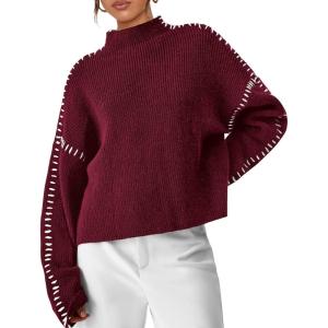imagePRETTYGARDEN Womens Chunky Knit Sweaters 2025 Fall Long Sleeve Mock Neck Oversized Pullover Tops Winter Fashion ClothesWine Red