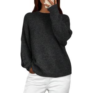 imagePRETTYGARDEN Womens Fall Long Sleeve Sweater Crew Neck Fuzzy Loose Fit Chunky Knit Oversized Pullover Sweaters Going Out TopsBlack