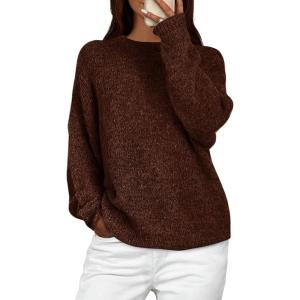 imagePRETTYGARDEN Womens Fall Long Sleeve Sweater Crew Neck Fuzzy Loose Fit Chunky Knit Oversized Pullover Sweaters Going Out TopsDark Brown