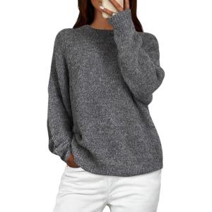 imagePRETTYGARDEN Womens Fall Long Sleeve Sweater Crew Neck Fuzzy Loose Fit Chunky Knit Oversized Pullover Sweaters Going Out TopsDark Grey