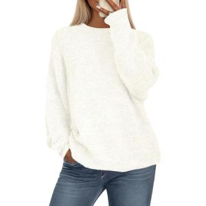 imagePRETTYGARDEN Womens Fall Long Sleeve Sweater Crew Neck Fuzzy Loose Fit Chunky Knit Oversized Pullover Sweaters Going Out TopsWhite
