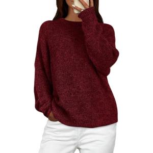 imagePRETTYGARDEN Womens Fall Long Sleeve Sweater Crew Neck Fuzzy Loose Fit Chunky Knit Oversized Pullover Sweaters Going Out TopsWine Red