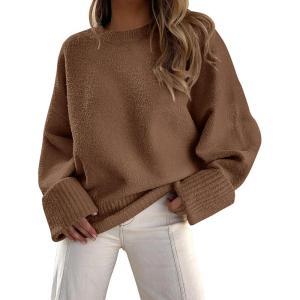 imagePRETTYGARDEN Womens Fall Oversized Sweaters Casual Crewneck Pullover Long Sleeve Fuzzy Chunky Knit Tops BlouseBrown