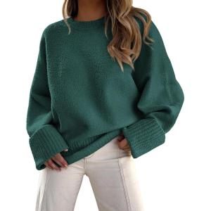 imagePRETTYGARDEN Womens Fall Oversized Sweaters Casual Crewneck Pullover Long Sleeve Fuzzy Chunky Knit Tops BlouseDark Green