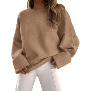 imagePRETTYGARDEN Womens Fall Oversized Sweaters Casual Crewneck Pullover Long Sleeve Fuzzy Chunky Knit Tops BlouseKhaki