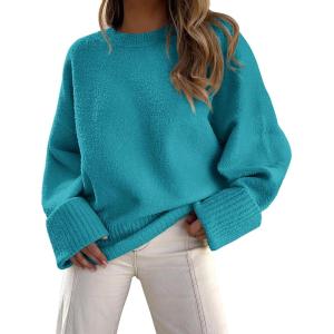 imagePRETTYGARDEN Womens Fall Oversized Sweaters Casual Crewneck Pullover Long Sleeve Fuzzy Chunky Knit Tops BlouseLake Blue