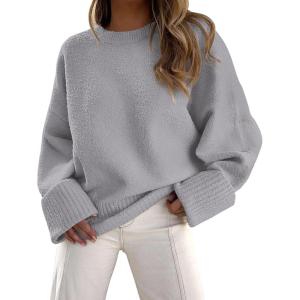 imagePRETTYGARDEN Womens Fall Oversized Sweaters Casual Crewneck Pullover Long Sleeve Fuzzy Chunky Knit Tops BlouseLight Grey