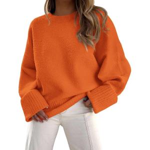 imagePRETTYGARDEN Womens Fall Oversized Sweaters Casual Crewneck Pullover Long Sleeve Fuzzy Chunky Knit Tops BlouseOrange