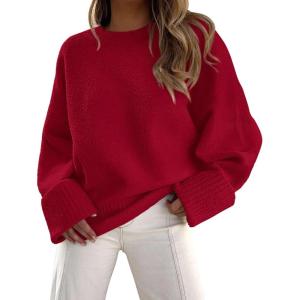 imagePRETTYGARDEN Womens Fall Oversized Sweaters Casual Crewneck Pullover Long Sleeve Fuzzy Chunky Knit Tops BlouseRed