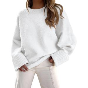 imagePRETTYGARDEN Womens Fall Oversized Sweaters Casual Crewneck Pullover Long Sleeve Fuzzy Chunky Knit Tops BlouseWhite