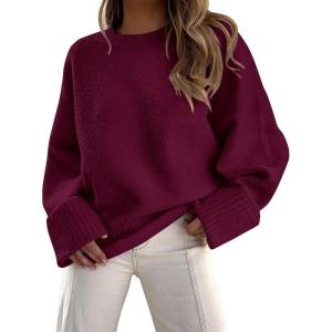 imagePRETTYGARDEN Womens Fall Oversized Sweaters Casual Crewneck Pullover Long Sleeve Fuzzy Chunky Knit Tops BlouseWine Red