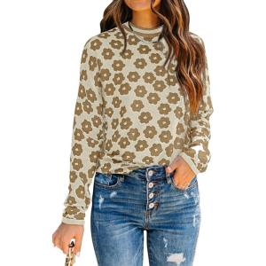 imagePRETTYGARDEN Womens Knit Floral Print Sweater Crewneck Long Sleeve Lightweight Pullover SweatshirtApricot Brown Flower