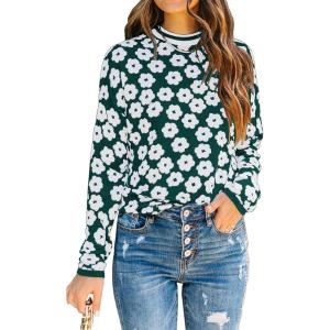 imagePRETTYGARDEN Womens Knit Floral Print Sweater Crewneck Long Sleeve Lightweight Pullover SweatshirtArmy Green