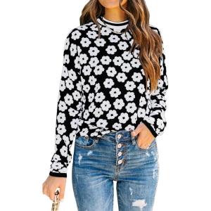 imagePRETTYGARDEN Womens Knit Floral Print Sweater Crewneck Long Sleeve Lightweight Pullover SweatshirtBlack