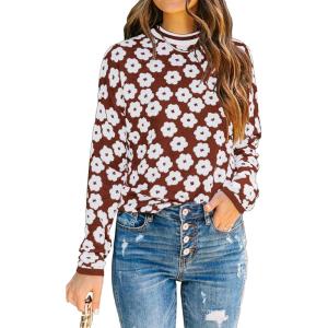 imagePRETTYGARDEN Womens Knit Floral Print Sweater Crewneck Long Sleeve Lightweight Pullover SweatshirtBrown