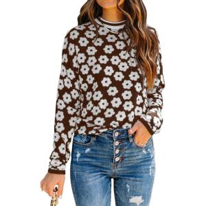 imagePRETTYGARDEN Womens Knit Floral Print Sweater Crewneck Long Sleeve Lightweight Pullover SweatshirtCoffee