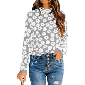 imagePRETTYGARDEN Womens Knit Floral Print Sweater Crewneck Long Sleeve Lightweight Pullover SweatshirtGrey
