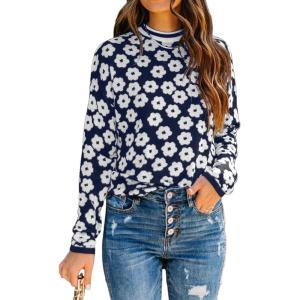 imagePRETTYGARDEN Womens Knit Floral Print Sweater Crewneck Long Sleeve Lightweight Pullover SweatshirtNavy