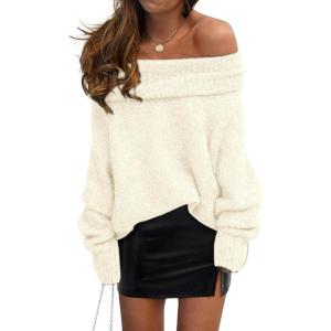 imagePRETTYGARDEN Womens Off The Shoulder Sweater Long Sleeve Tops 2025 Fall Loose Knit Pullover Sweaters Winter ClothesBeige White