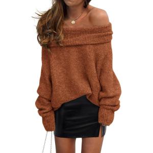 imagePRETTYGARDEN Womens Off The Shoulder Sweater Long Sleeve Tops 2025 Fall Loose Knit Pullover Sweaters Winter ClothesBrick Red