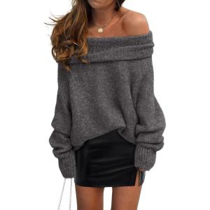 imagePRETTYGARDEN Womens Off The Shoulder Sweater Long Sleeve Tops 2025 Fall Loose Knit Pullover Sweaters Winter ClothesDark Grey