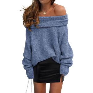 imagePRETTYGARDEN Womens Off The Shoulder Sweater Long Sleeve Tops 2025 Fall Loose Knit Pullover Sweaters Winter ClothesMist Blue