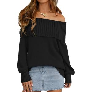 imagePRETTYGARDEN Womens Off The Shoulder Sweater Long Sleeve Tops Loose Knit Pullover Sweaters Fashion Fall Clothes 2025Black