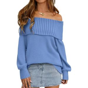 imagePRETTYGARDEN Womens Off The Shoulder Sweater Long Sleeve Tops Loose Knit Pullover Sweaters Fashion Fall Clothes 2025Blue