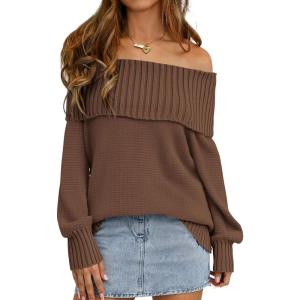 imagePRETTYGARDEN Womens Off The Shoulder Sweater Long Sleeve Tops Loose Knit Pullover Sweaters Fashion Fall Clothes 2025Brown