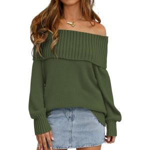 imagePRETTYGARDEN Womens Off The Shoulder Sweater Long Sleeve Tops Loose Knit Pullover Sweaters Fashion Fall Clothes 2025Green