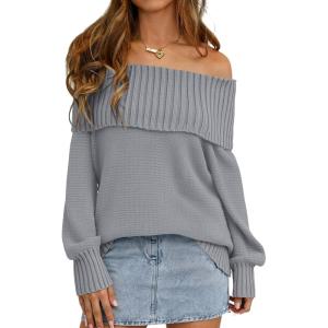 imagePRETTYGARDEN Womens Off The Shoulder Sweater Long Sleeve Tops Loose Knit Pullover Sweaters Fashion Fall Clothes 2025Grey