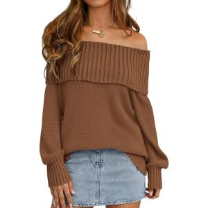 imagePRETTYGARDEN Womens Off The Shoulder Sweater Long Sleeve Tops Loose Knit Pullover Sweaters Fashion Fall Clothes 2025Khaki
