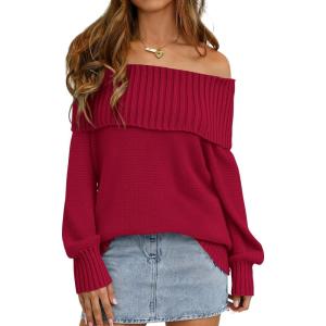 imagePRETTYGARDEN Womens Off The Shoulder Sweater Long Sleeve Tops Loose Knit Pullover Sweaters Fashion Fall Clothes 2025Red