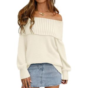 imagePRETTYGARDEN Womens Off The Shoulder Sweater Long Sleeve Tops Loose Knit Pullover Sweaters Fashion Fall Clothes 2025White