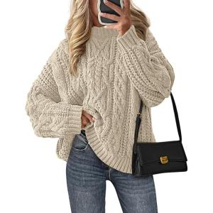 imagePRETTYGARDEN Womens Oversized Fall Sweaters 2025 Casual Long Sleeve Crewneck Chunky Cable Knit Pullover Tops Winter ClothesApricot