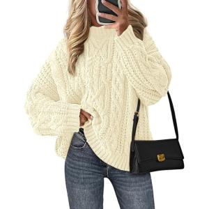imagePRETTYGARDEN Womens Oversized Fall Sweaters 2025 Casual Long Sleeve Crewneck Chunky Cable Knit Pullover Tops Winter ClothesBeige