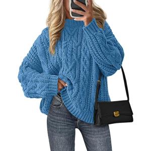 imagePRETTYGARDEN Womens Oversized Fall Sweaters 2025 Casual Long Sleeve Crewneck Chunky Cable Knit Pullover Tops Winter ClothesBlue
