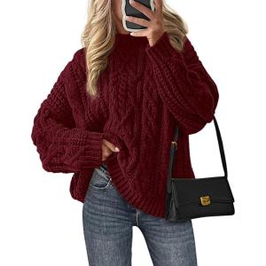 imagePRETTYGARDEN Womens Oversized Fall Sweaters 2025 Casual Long Sleeve Crewneck Chunky Cable Knit Pullover Tops Winter ClothesBurgundy