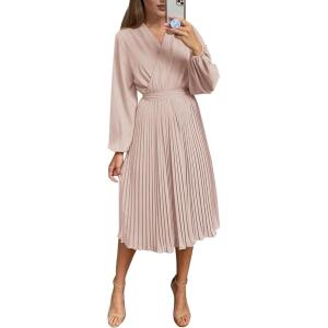 imagePRETTYGARDEN Womens Spring Midi Dress Long Puff Sleeve Wrap V Neck Flowy Ruffle Pleated Casual Fall DressesApricot