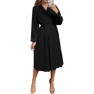imagePRETTYGARDEN Womens Spring Midi Dress Long Puff Sleeve Wrap V Neck Flowy Ruffle Pleated Casual Fall DressesBlack