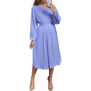 imagePRETTYGARDEN Womens Spring Midi Dress Long Puff Sleeve Wrap V Neck Flowy Ruffle Pleated Casual Fall DressesBlue