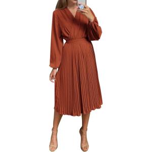 imagePRETTYGARDEN Womens Spring Midi Dress Long Puff Sleeve Wrap V Neck Flowy Ruffle Pleated Casual Fall DressesBrick Red