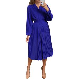 imagePRETTYGARDEN Womens Spring Midi Dress Long Puff Sleeve Wrap V Neck Flowy Ruffle Pleated Casual Fall DressesBright Blue